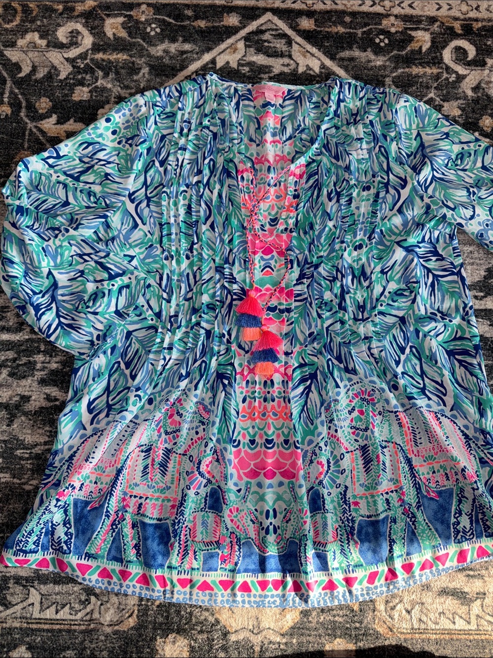 Lilly Pulitzer Blue, Teal & Pink Printed Tunic with Tassels